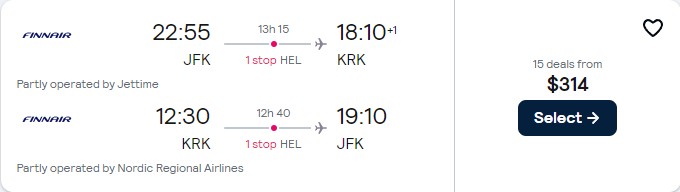 Cheap flights from New York to Krakow, Poland for only $314 roundtrip with Finnair. Flight deal ticket image.
