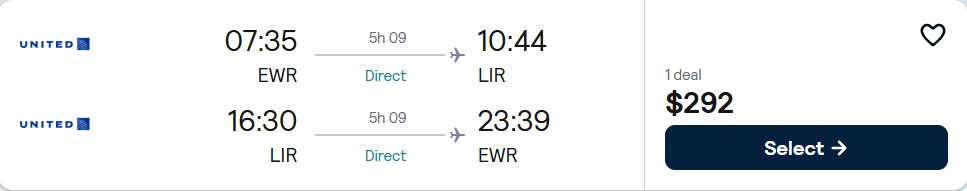 Click here to book this cheap flight deal. Non-stop flights from New York to Liberia, Costa Rica for only $292 roundtrip with United Airlines. Flight deal ticket image.