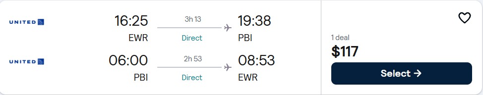 Non-stop flights from New York to West Palm Beach, Florida for only $117 roundtrip with United Airlines. Also works in reverse. Flight deal ticket image.