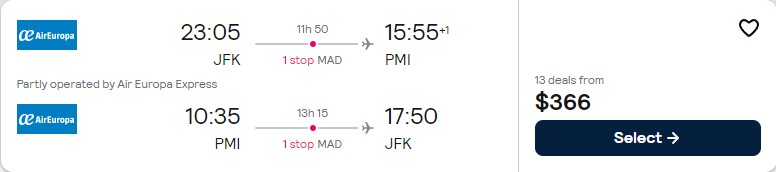Cheap flights from New York to Palma de Mallorca, Spain for only $366 roundtrip with Air Europa. Flight deal ticket image.