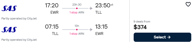 Click here to book this cheap flight deal. Cheap flights from New York to Tallinn, Estonia for only $374 roundtrip with Scandinavian Airlines. Flight deal ticket image.