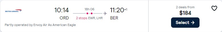 Cheap flights from Chicago to German cities from only $184 one-way with American Airlines and British Airways. Flight deal ticket image.