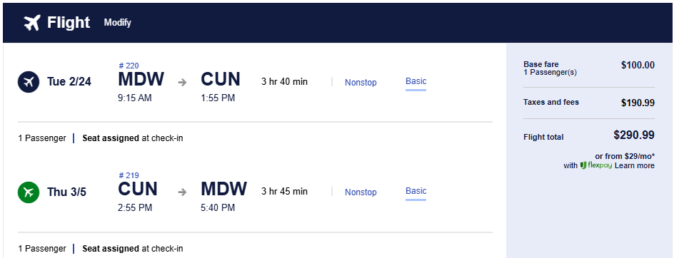 Click here to book this cheap flight deal. Non-stop flights from Chicago to Cancun, Mexico for only $290 roundtrip. Flight deal ticket image.