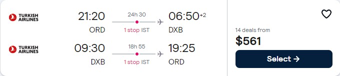 Click here to book this cheap flight deal. Cheap flights from Chicago to Dubai, UAE for only $565 roundtrip with Turkish Airlines. Flight deal ticket image.