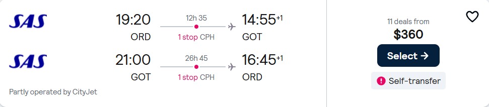 Click here to book this cheap flight deal. Cheap flights from Chicago to Gothenburg, Sweden for only $360 roundtrip with Scandinavian Airlines. Flight deal ticket image.
