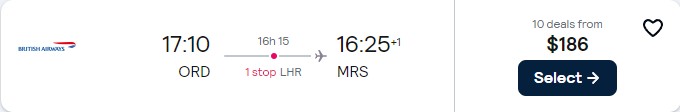 Cheap flights from Chicago to French cities from only $186 one-way with British Airways. Flight deal ticket image.