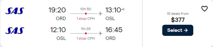 Cheap flights from Chicago to Oslo, Norway for only $377 roundtrip with Scandinavian Airlines. Flight deal ticket image.