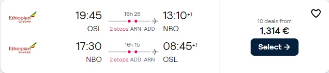 Business Class flights from Oslo, Norway to Nairobi, Kenya for only €1314 roundtrip. Flight deal ticket image.