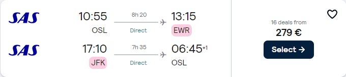 Cheap flights from European cities to US cities from only €279 roundtrip with Scandinavian Airlines. Flight deal ticket image.