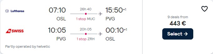 Cheap flights from Oslo, Norway to Shanghai, China for only €443 roundtrip with Lufthansa and Swiss International Air Lines. Flight deal ticket image.