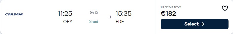 Non-stop, last minute flights from Paris, France to Martinique for only €182 one-way. Flight deal ticket image.
