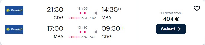 Cheap flights from Paris, France to Mombasa, Kenya for only €404 roundtrip. Flight deal ticket image.