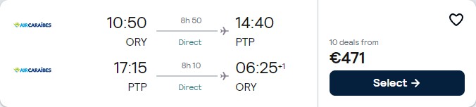 Non-stop flights from Paris, France to Guadeloupe or Martinique from only €471 roundtrip. Flight deal ticket image.