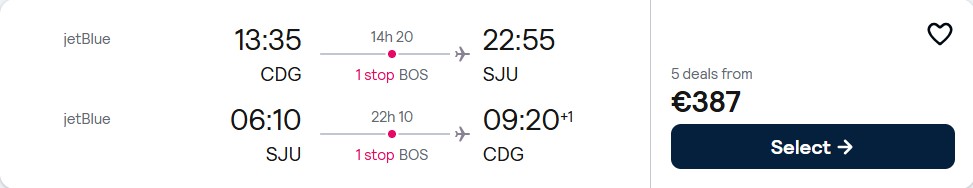 Cheap flights from Paris, France to San Juan, Puerto Rico for only €387 roundtrip with JetBlue. Flight deal ticket image.