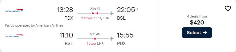 Cheap flights from Portland, Oregon to Basel, Switzerland for only $420 roundtrip with American Airlines and British Airways. Flight deal ticket image.