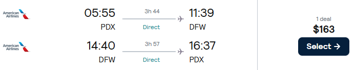 Click here to book this cheap flight deal. Non-stop flights from Portland, Oregon to Dallas, Texas for only $163 roundtrip with American Airlines. Also works in reverse. Flight deal ticket image.