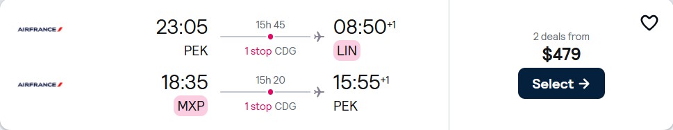 Click here to book this cheap flight deal. Cheap flights from Beijing, China to Milan, Italy for only $479 USD roundtrip with Air France. Flight deal ticket image.