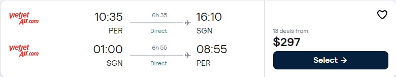 Click here to book this cheap flight deal. Non-stop flights from Australian cities to Ho Chi Minh City, Vietnam from only $285 AUD roundtrip. Flight deal ticket image.