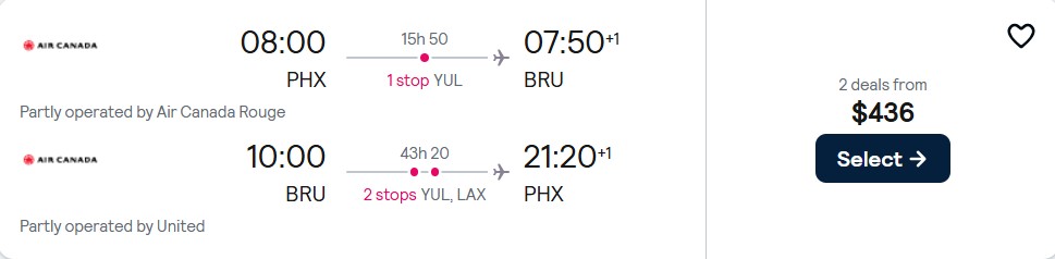 Cheap flights from Phoenix, Arizona to Brussels, Belgium for only $436 roundtrip with Air Canada and United Airlines. Flight deal ticket image.
