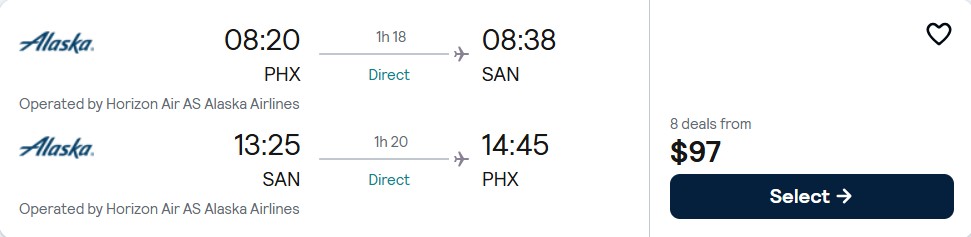 Non-stop flights from Phoenix, Arizona to San Diego for only $97 roundtrip with Alaska Airlines. Also works in reverse. Flight deal ticket image.