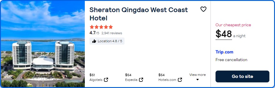 Stay at the 5 Stars* Sheraton Qingdao West Coast Hotel in Qingdao, China for only $478 USD per night. Flight deal ticket image.