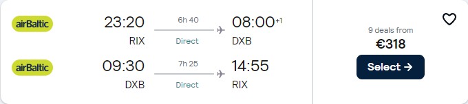 Non-stop flights from Riga, Latvia to Dubai, UAE for only €319 roundtrip. Flight deal ticket image.