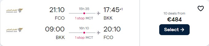 Cheap flights from Rome or Milan, Italy to Bangkok, Thailand from only €484 roundtrip. Flight deal ticket image.