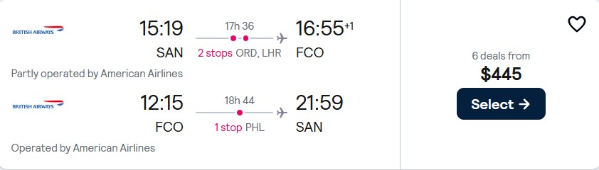 Summer flights from San Diego to Rome, Italy for only $445 roundtrip with American Airlines and British Airways. Flight deal ticket image.