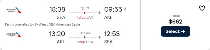 Cheap flights from Seattle to Auckland, New Zealand for only $662 roundtrip with American Airlines. Flight deal ticket image.