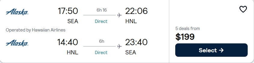 Non-stop flights from Seattle to Honolulu, Hawaii for only $199 roundtrip with Hawaiian Airlines. Also works in reverse. Flight deal ticket image.