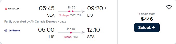Click here to book this cheap flight deal. Cheap flights from Seattle to Lisbon, Portugal for only $446 roundtrip with Air Canada and Lufthansa. Flight deal ticket image.