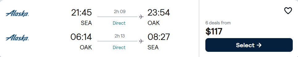 Click here to book this cheap flight deal. Non-stop flights from Seattle to Oakland, California for only $117 roundtrip with Alaska Airlines. Also works in reverse. Flight deal ticket image.