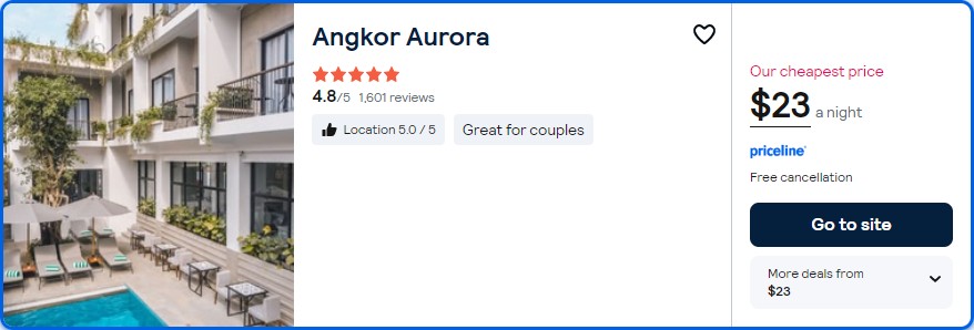 Stay at the 5 Stars* Angkor Aurora in Siem Reap, Cambodia for only $23 USD per night. Flight deal ticket image.