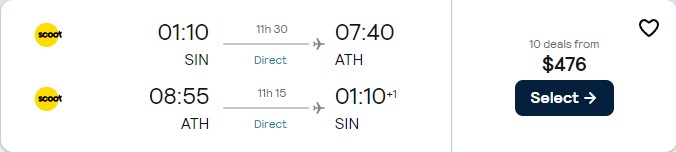 Non-stop flights from Singapore to Athens, Greece for only $476 USD roundtrip. Flight deal ticket image.
