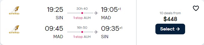 Cheap flights from Singapore to Madrid, Spain or Milan, Italy from only $448 USD roundtrip with Etihad Airways. Flight deal ticket image.