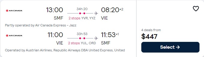 Click here to book this cheap flight deal. Cheap flights from Sacramento, California to Vienna, Austria for only $447 roundtrip with Air Canada, Austrian Airlines and United Airlines. Flight deal ticket image.
