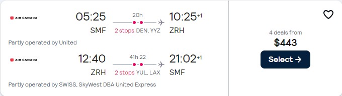 Click here to book this cheap flight deal. Cheap flights from Sacramento, California to Zurich, Switzerland for only $443 roundtrip with United Airlines, Air Canada and Swiss International Air Lines. Flight deal ticket image.