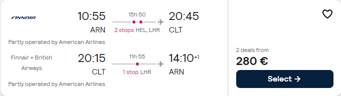 Cheap flights from Stockholm, Sweden to Charlotte, North Carolina for only €280 roundtrip with Finnair, American Airlines and British Airways. Flight deal ticket image.