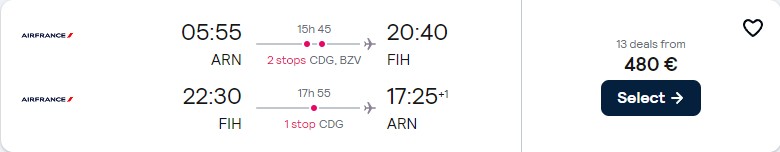 Cheap flights from Stockholm, Sweden to Kinshasa, Democratic Republic of Congo for only €480 roundtrip with Air France. Flight deal ticket image.