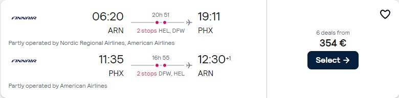 Cheap flights from Stockholm, Sweden or Oslo, Norway to Phoenix, Arizona from only €354 roundtrip with Finnair and American Airlines. Flight deal ticket image.