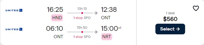 Cheap flights from Tokyo, Japan to Ontario, California for only $560 USD roundtrip with United Airlines. Flight deal ticket image.