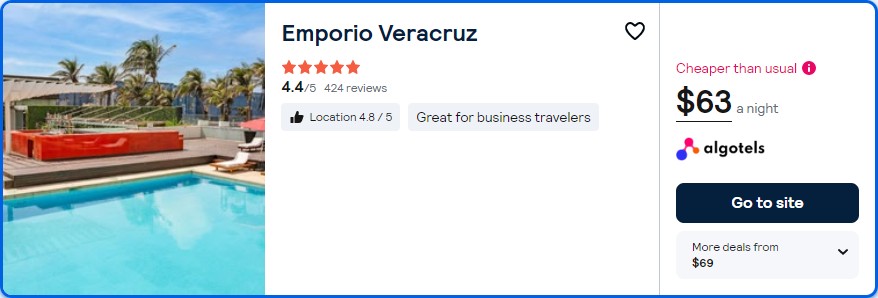 Stay at the 5 Stars* Emporio Veracruz in Veracruz, Mexico for only $63 USD per night. Flight deal ticket image.