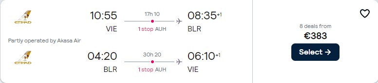 Cheap flights from Vienna, Austria to Bangalore or Mumbai, India from only €383 roundtrip with Etihad Airways. Flight deal ticket image.