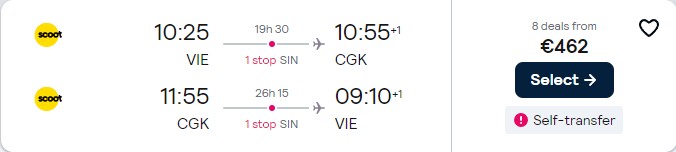 Click here to book this cheap flight deal. Cheap flights from Vienna, Austria to Jakarta, Indonesia for only €462 roundtrip. Flight deal ticket image.