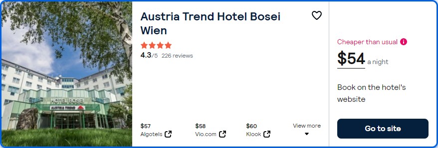 Stay at the 4 Stars* Austria Trend Hotel Bosei Wien in Vienna, Austria for only $54 USD per night. Flight deal ticket image.