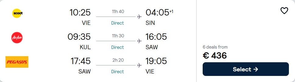Click here to book this cheap flight deal. 2 in 1 trip...Cheap flights from Vienna, Austria to Kuala Lumpur, Malaysia and Istanbul for only €436 roundtrip. Flight deal ticket image.
