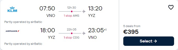 Cheap flights from Vilnius, Lithuania to Toronto, Canada for only €395 roundtrip with KLM and Air France. Flight deal ticket image.