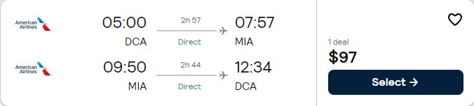 Click here to book this cheap flight deal. Non-stop flights from Washington DC to Miami for only $97 roundtrip with American Airlines. Also works in reverse. Flight deal ticket image.