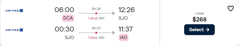 Click here to book this cheap flight deal. Summer flights from Washington DC to San Jose, Costa Rica for only $268 roundtrip with United Airlines. Flight deal ticket image.