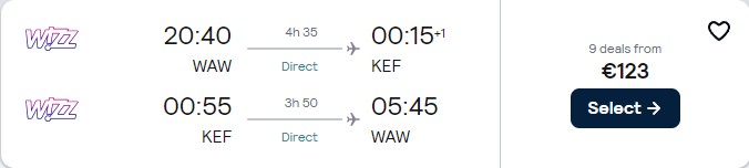 Click here to book this cheap flight deal. Non-stop flights from Warsaw, Poland to Reykjavik, Iceland for only €123 roundtrip. Flight deal ticket image.